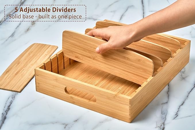 Umilife Kitchen Cabinet Organizer for Food Storage Container Lids, with Adjustable Dividers, Bamboo Drawer Caddy, Box for Kitchen Storage And Organization - Image 3