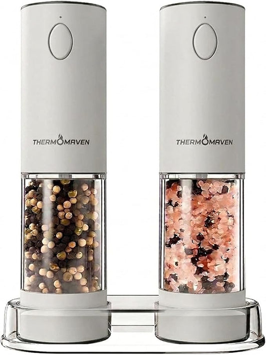 ThermoMaven Electric Salt and Pepper Grinder Set, 110ml Larger Rechargeable Automatic Salt and Pepper Mill Grinder with 6 Adjustable Coarseness, Electric Salt and Pepper Shakers, LED, White Sand by ThermoMaven