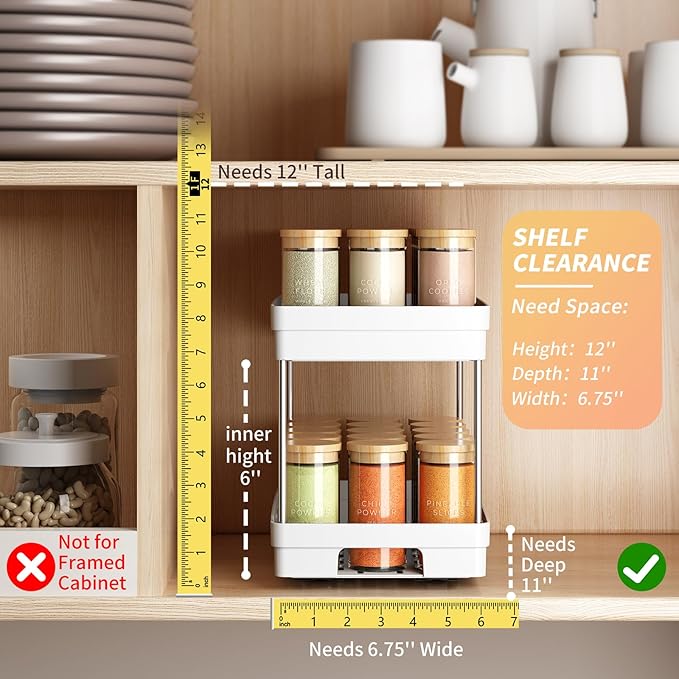 Pull Out Spice Rack Organizer for Cabinet, 2 Pack Widen Slide Out Spice Racks Organizer, Spice Cabinet Organizers, Cabinet Size Need:12'' Highx11'' Deepx6.75'' Wide,Hold 15 Spice Jar Each Tier-2Tier - Image 3