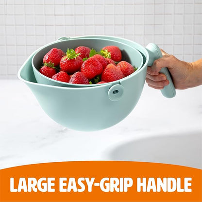 Tasty 2-in-1 Swing Bowl Colander, Built-In Strainer Basket with Handle, Kitchen Hack for Rinsing and Draining for Fruits, Vegetables, and Pasta, 2.1-Quart Bowl + 1.9-Quart Strainer, Aqua