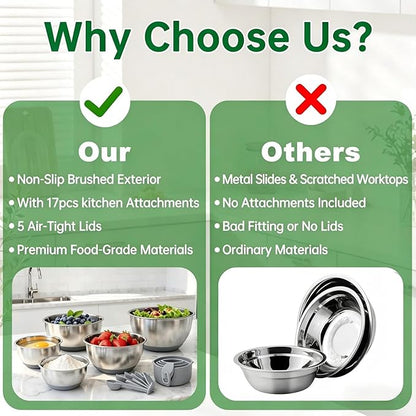 Deedro Premium Mixing Bowls with Airtight Lids Set, 22Pcs Thicker Stainless Steel Mixing Bowl Set, Large Prep Metal Bowls, Non-Slip Silicone Base Nesting Bowls for Kitchen, 1.5/2/3/4/5 QT, Gray - Image 4
