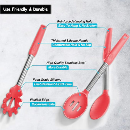 Silicone Spatula and Cooking Spoon,5 Pack Non-Stick Cooking Utensils for Kitchen，Heat Resistant Solid & Slotted Spoons and Spatulas, Stainless Steel Handle Coated with Silicone,Red - Image 4