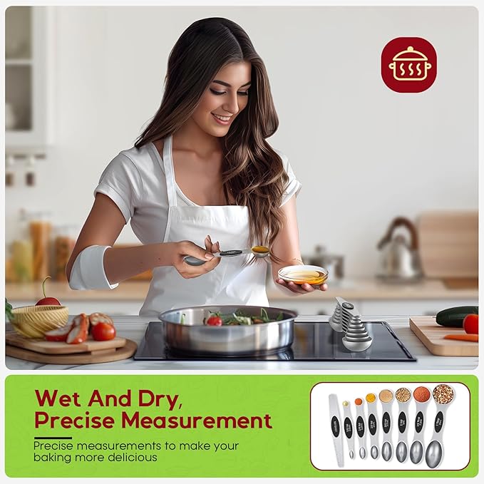 Magnetic Measuring Spoons Set with Strong N45 Magnets, Heavy Duty Stainless Steel Metal, Fits in Most Kitchen Spice Jars for Baking & Cooking, BPA Free, Multicolor, Set of 8 with Leveler（Black) - Image 4