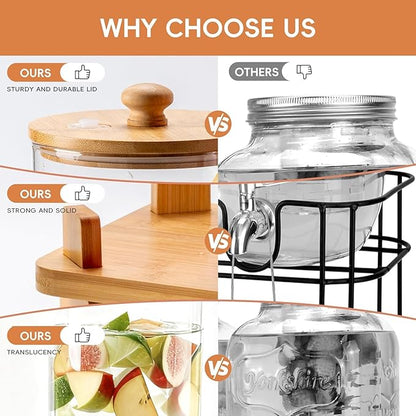 2 Gallon 2 Pack large Glass Drink dispenser for parties,Beverage Dispenser With Wood Stand,Water Dispensers with spigot,lemonade dispenser,juice containers & water pitcher with lid - Image 6