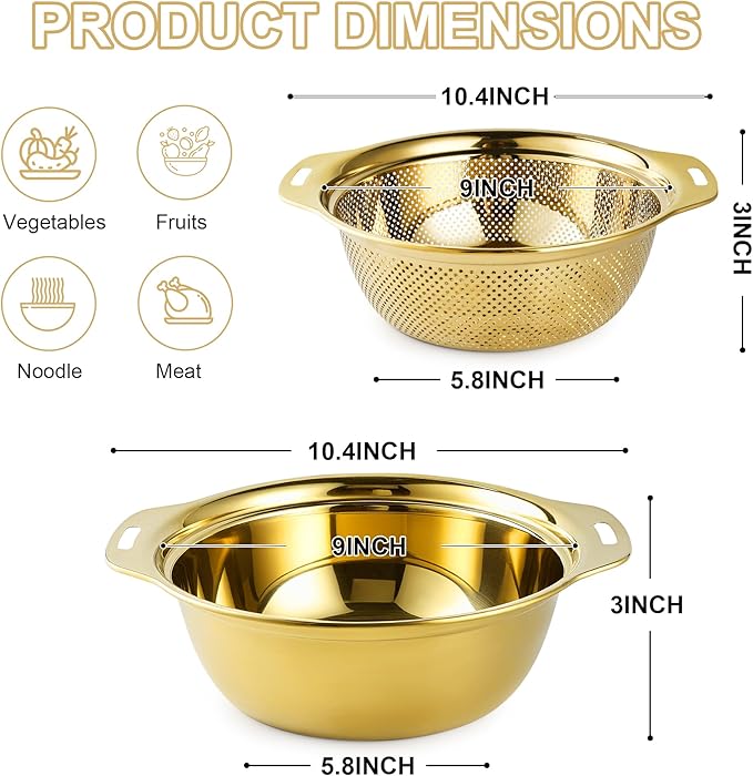 Colander 304 Stainless Steel 3-quart with Mixing Bowls, Strainer for Kitchen Food For washing vegetables, fruit, rice, Dishwasher Safe. (Gold 2PC) - Image 2