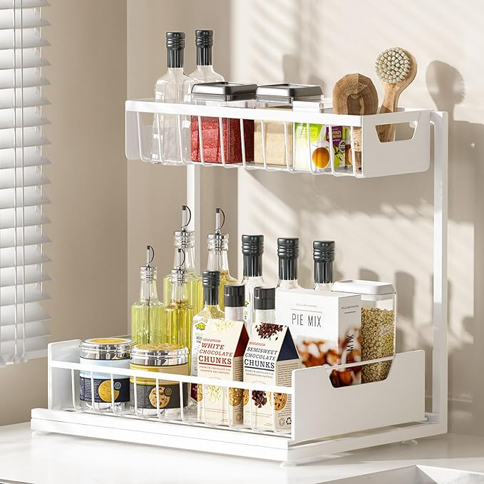 Ceetug Under Kitchen Sink Organizers and Storage Pull Out 2 Tier Metal Bathroom Cabinet Organizer (White, 1 Pack) by ceetug