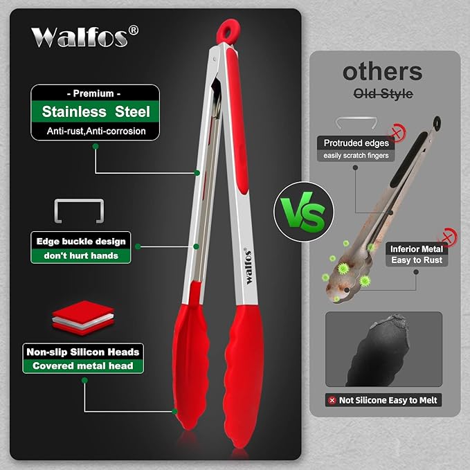 Walfos Kitchen Tongs - 7" 9" and 12" Heat Resistant Cooking Tongs, Stainless Steel and BPA Free Silicone Tips, Great for Cooking, Salad, Grilling, Turning, Dishwasher safe,set of 3 - Image 8