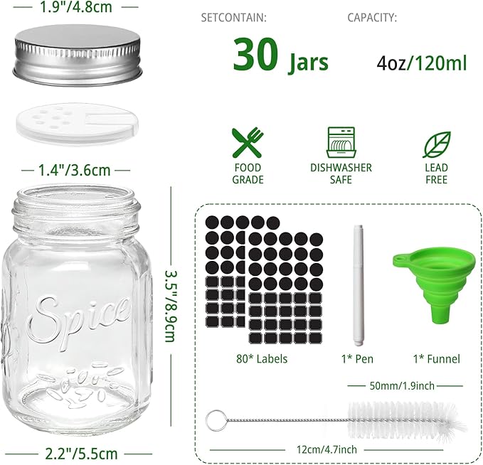 CycleMore 30 Pack 4oz Glass Mason Spice Jars, Round Spice Containers with Silver Metal Caps and Pour/Sift Shaker Lids-80pcs Labels,1 Silicone Collapsible Funnel,1 Brush and 1pcs Pen Included - Image 2