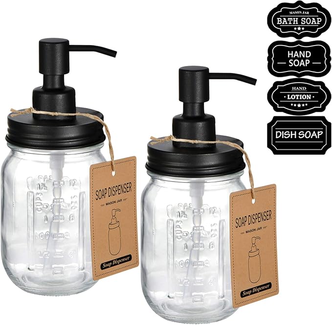 Amolliar Mason Jar Liquid Soap Dispenser, 16OZ Refillable Glass Soap Dispenser for Bathroom, Hand Soap, Dish Soap, Lotion Dispenser for Kitchen, Farmhouse Decor, Soap Pump Bottle, Black 2 Pack by Amolliar