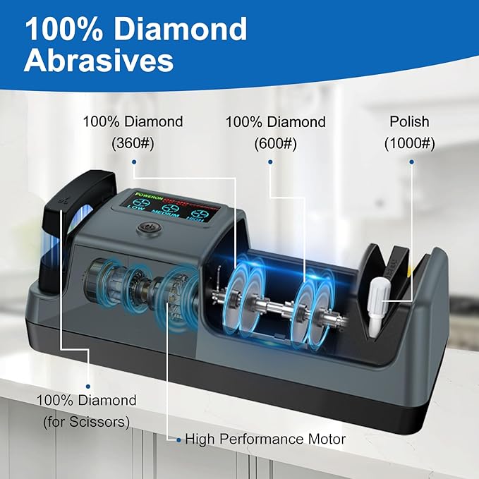 5-in-1 Electric Knife Sharpener for Kitchen Knives, 3-Stage Sharpener with 100% Diamond Abrasive, LCD Screen, Speed Adjustable, Knife Sharpener for All Kitchen Knives Quick Sharpening, Scissors - Image 3