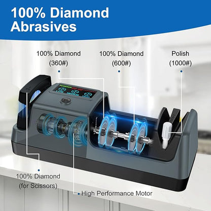 5-in-1 Electric Knife Sharpener for Kitchen Knives, 3-Stage Sharpener with 100% Diamond Abrasive, LCD Screen, Speed Adjustable, Knife Sharpener for All Kitchen Knives Quick Sharpening, Scissors - Image 3