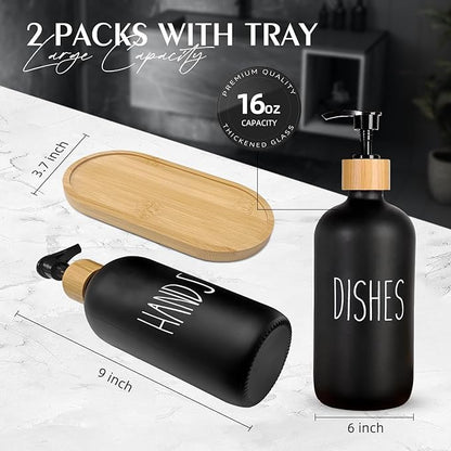 Arktek Glass Soap Dispenser Set with Tray, 2 Pack Hand and Dish Soap Dispenser Set for Bathroom and Kitchen Bottle Dispenser with Dish Soap, Hand Soap, Lotion 17 Oz (2 Black) - Image 2