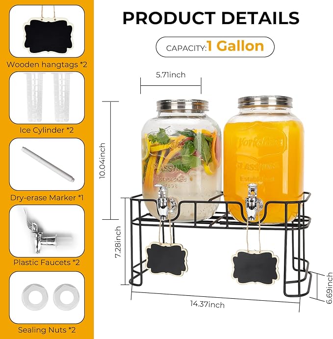 Glass Drink Dispensers For Parties, 2 PACK 1 Gallon Beverage Dispenser With Stand And Spigot Leak proof. Lemonade Dispenser With Ice Cylinder and Chalk board - Image 2