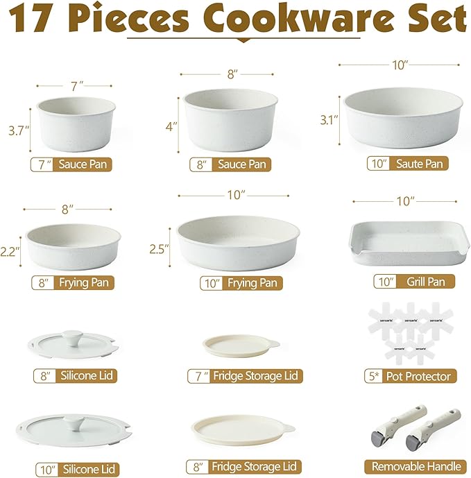 SENSARTE 17 Piece Pots and Pans Set, Nonstick Detachable Handle Cookware Set, Induction Kitchen Cookware Set with Removable Handle, Healthy Non Stick for RV, Dishwasher ＆ Oven Safe, PFOA Free (White) - Image 2