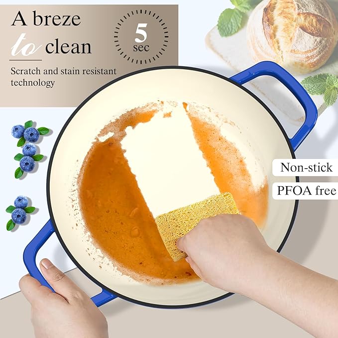 Enamelled Cast Iron Dutch Oven Pot – Dutch Oven Pot with Lid For Sourdough Bread Baking – Cast Iron Bread Oven – Dark Blue, Umite Chef 6QT Pot with Lid & Cotton Potholders - Image 5
