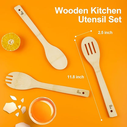 5 Piece Wooden Spoons - Natural Bamboo Wood Cooking Utensils Set,Nonstick Wooden Spatula & Spoons for Cooking,Premium Wood Kitchen Utensil Set,Housewarming Gifts New Home