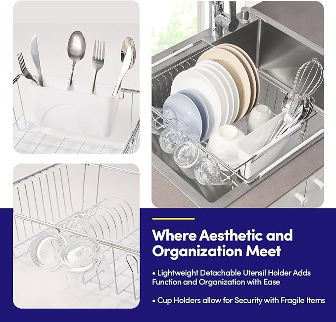 Dish Drying Rack Over The Sink Expandable to 24.5" Dish Drainer — Space-Saving Rectangular Kitchen Extending Drying Station with Utensil Holder, Fits Most Sinks for Easy Dish Organization, White - Image 3