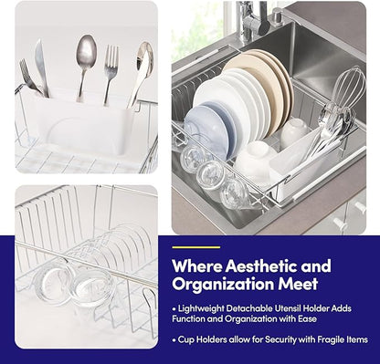 Dish Drying Rack Over The Sink Expandable to 24.5" Dish Drainer — Space-Saving Rectangular Kitchen Extending Drying Station with Utensil Holder, Fits Most Sinks for Easy Dish Organization, White - Image 3