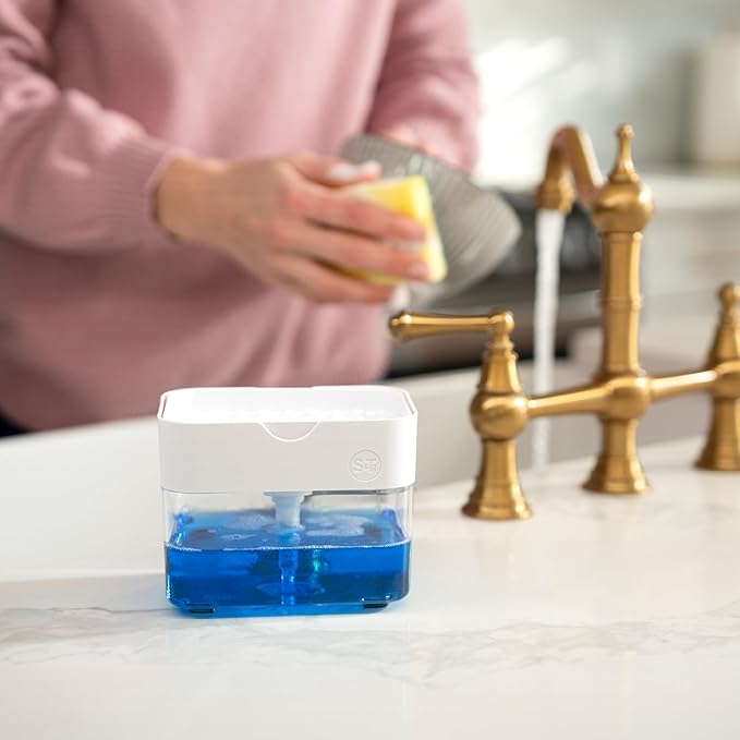 S&T INC. Dish Soap Dispenser and Sponge Holder for Kitchen Sink with Enhanced Features, Sponge Included, 13 Ounces, Matte White - Image 4