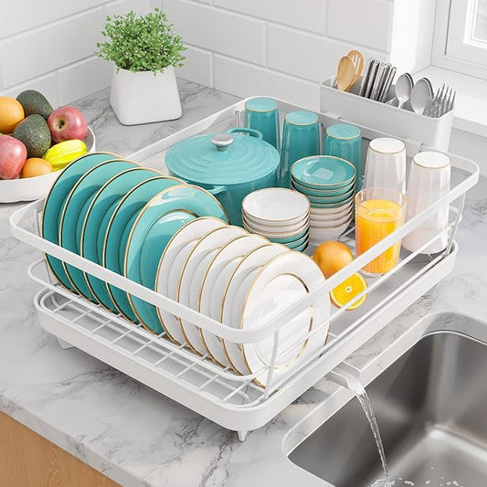 Sakugi Stainless Steel Dish Drying Rack for Kitchen Counter, Sink Organization and Storage Essentials with Silverware & Utensil Holder, Home and Apartment Decor, 12''W x 15.5''L, White by Sakugi