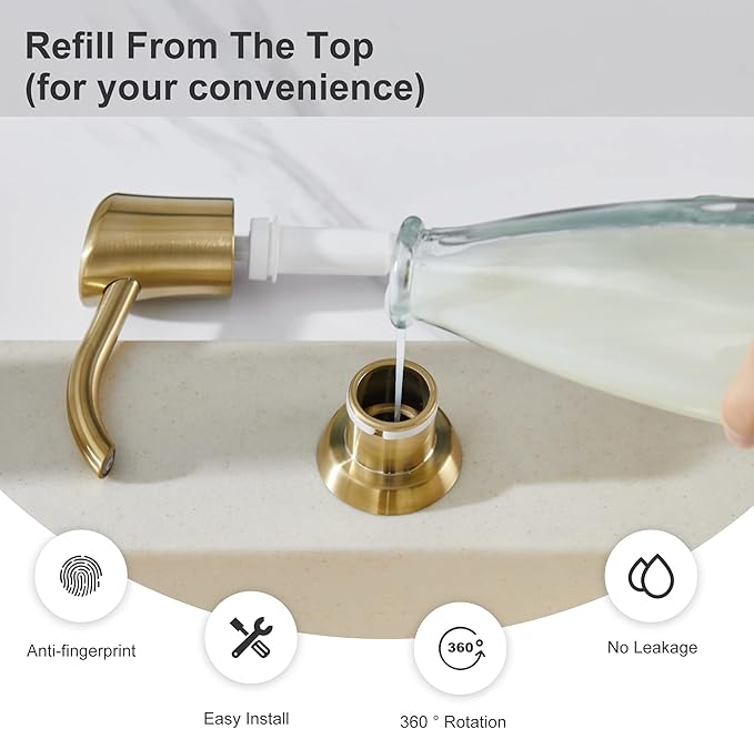 GAGALIFE Built in Sink Soap Dispenser or Lotion Dispenser for Kitchen Sink, Brushed Gold ABS Pump Head, with 17 Ounce Large PET Soap Bottle - Image 6