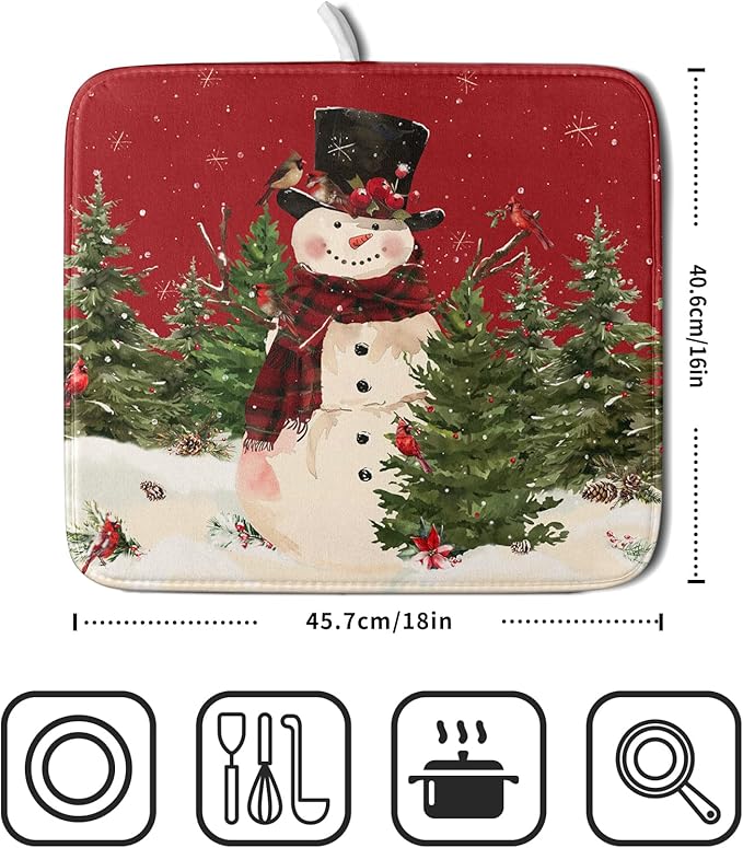 Christmas Snowman Dish Drying Mat for Kitchen Counter 16x18 Inch Watercolor Xmas Tree Bird Print Absorbent Reversible Microfiber Drying Mats Kitchen Countertop Protector Dishes Drainer Rack Pad - Image 2