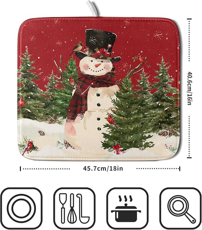 Christmas Snowman Dish Drying Mat for Kitchen Counter 16x18 Inch Watercolor Xmas Tree Bird Print Absorbent Reversible Microfiber Drying Mats Kitchen Countertop Protector Dishes Drainer Rack Pad - Image 2