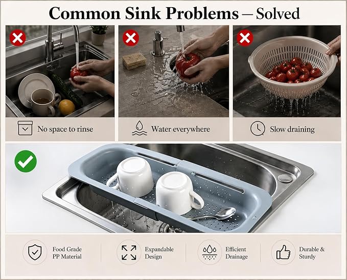 Expandable Over Sink Strainer for Kitchen Sink, Adjustable Sink Colander Basket, Kitchen Sink Strainer for Washing Fruits, Vegetables, Dishes & Utensils, Space Saving Drain Basket, Gray