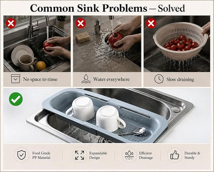 Expandable Over Sink Strainer for Kitchen Sink, Adjustable Sink Colander Basket, Kitchen Sink Strainer for Washing Fruits, Vegetables, Dishes & Utensils, Space Saving Drain Basket, Gray
