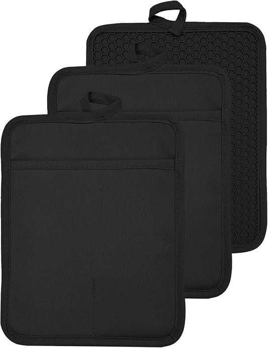 Oven Pot Holder with Pocket Cotton Heat Resistant Coaster Potholder Kitchen Hot Pad Oven Mitts for Cooking and Baking Square 7"x9" (Black, Silicone) by VEIKERY