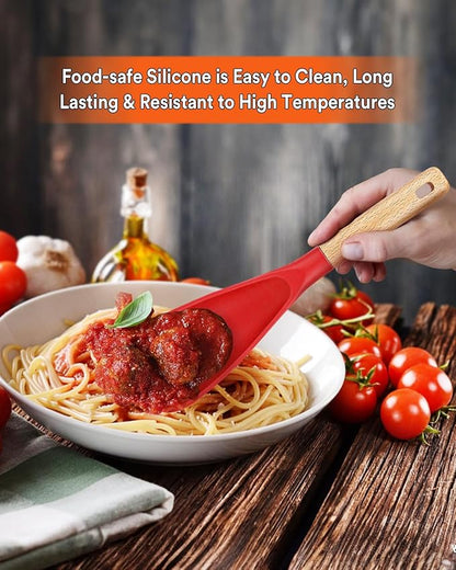 Cooking Spoon for Nonstick Cookwares, Great for Cooking and Serving Sturdy BPA-Free Matte Silicone, Wood Handle Spoon for Mixing, Scoop, and Scrape (Black & Red, 11.4 inch) - Image 3