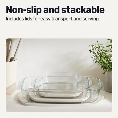 Amazon Basics Glass Baking Dishes with BPA-Free Lids, 6-Piece Bakeware Set, Borosilicate Glass, Oven-Safe up to 752°F, Non-Slip and Stackable, Dishwasher-Safe, Linen Gray - Image 6