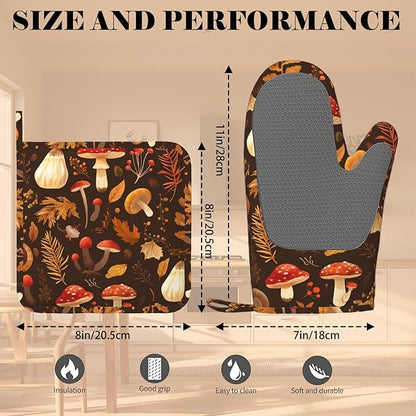 Mushroom Oven Mitts and Pot Holders Sets Vintage Leaf Silicone Kitchen Mitts Potholders Heat Resistant Oven Gloves Hot Pads for Kitchen Baking Cooking