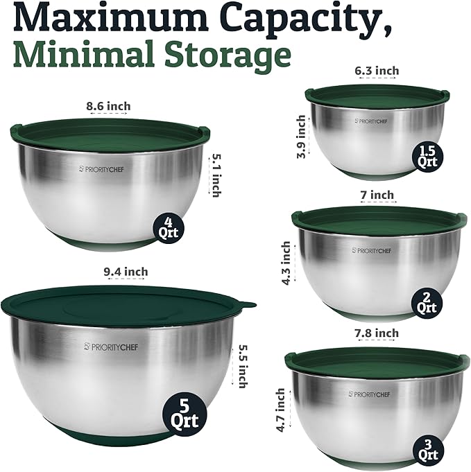 Priority Chef Stainless Steel Mixing Bowls with Lids Set, 3 Grater Attachments, Airtight Lids, Non-Slip Silicone Base Mixing Bowl Set, Large Prep Metal Mixing Bowls for Kitchen, Green - Image 2