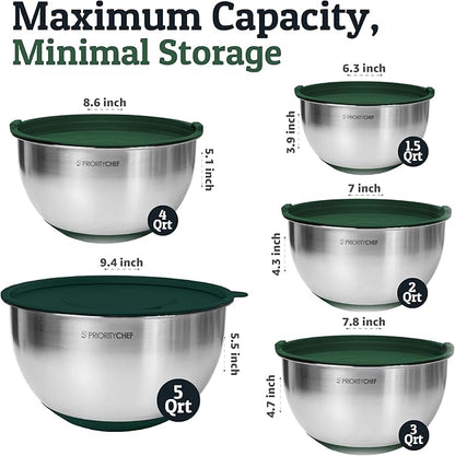 Priority Chef Stainless Steel Mixing Bowls with Lids Set, 3 Grater Attachments, Airtight Lids, Non-Slip Silicone Base Mixing Bowl Set, Large Prep Metal Mixing Bowls for Kitchen, Green - Image 2
