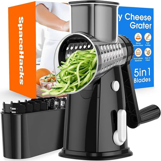 5 Blades Rotary Cheese Grater Hand Crank Vegetable Chopper Shredder Spiralizer Slicer Mandoline for Vegetable & Cheese & Fruit, Food Chopper for Kitchen with Blades Storage Box & Suction Base (Black)