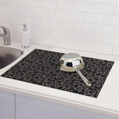 Black Grey Leopard Print Dish Drying Mat Cheetah Wild Animal Dark Skin Drying Rack Pad Countertop Dishes Ultra Absorbent Microfiber Kitchen Counter Mat 18x24 Inch
