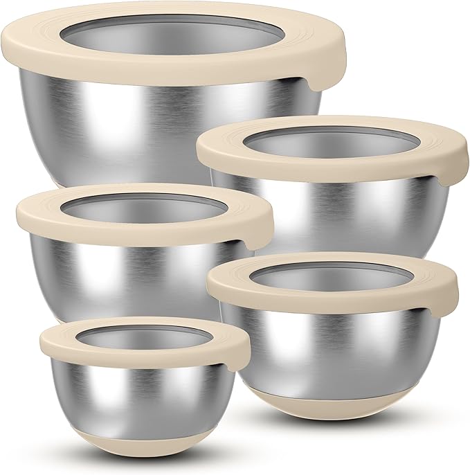 KITEISCAT Stainless Steel Mixing Bowls with Lids – Set of 5 Large Nesting Metal Bowls for Kitchen, Baking, Cooking, Food Prep & Storage, Non-Slip Base, Dishwasher Safe,Khaki by KITEISCAT