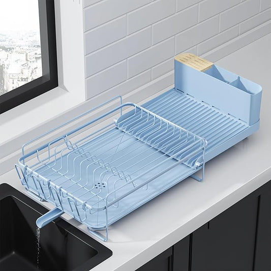 Kitsure Large Dish Drying Rack - Extendable Dish Rack, Multifunctional Dish Rack for Kitchen Counter, Anti-Rust Dish Drainers with Cutlery & Cup Holders 19.2"-26.7" L x 12.9" W, Blue by Kitsure