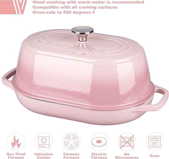 VORRINGARD Enameled Cast Iron Dutch Oven Pot with Dome Lid, Oval Bread Oven for Homemade Sourdough Bread Baking, Oven Safe up to 500°F, 6 Quart, Pink