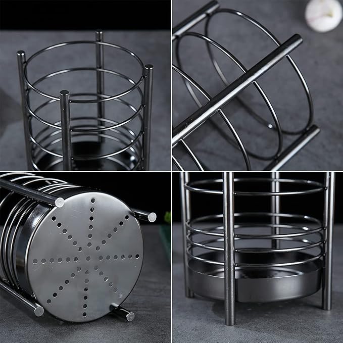 Black Kitchen Utensil Holder for Kitchen Counter, Stainless Steel Utensil Crocks, Black Titanium Coating Utensil Storage Caddy Organizer, Cooking Utensil Holder, Easy Cleaning (Black/7.4''x5.2'') - Image 7