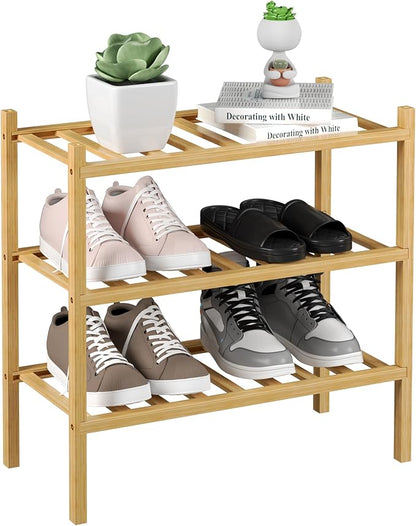 ROMGUAR CRAFT 3-Tier Bamboo Small Shoe Rack, Free Standing Wood Shoe Shelf Storage Organizer for Closet Entryway Stackable (Natural) by ROMGUAR+CRAFT