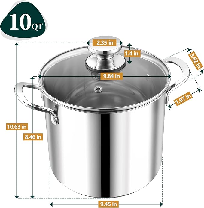 P&P CHEF 10 Quart Stainless Steel Stock Pot with Lid, Large Stockpot for Cooking Pasta Soup, Cookware for Induction Gas Electric Stoves, Visible Lid & Measuring Markings, Dishwasher Safe - Image 2