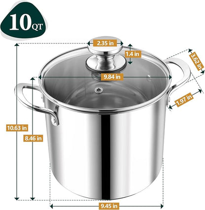 P&P CHEF 10 Quart Stainless Steel Stock Pot with Lid, Large Stockpot for Cooking Pasta Soup, Cookware for Induction Gas Electric Stoves, Visible Lid & Measuring Markings, Dishwasher Safe - Image 2