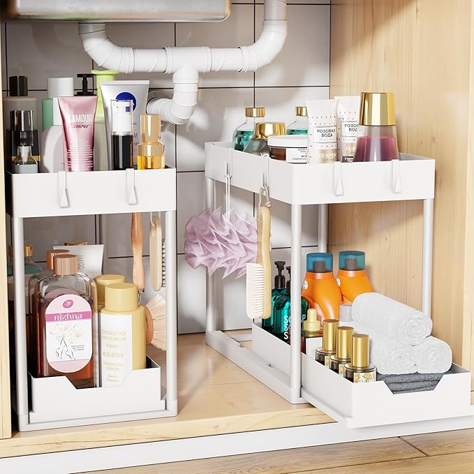 Simple Trending Under Sink Organizer 2 Pack, Sink Pull-Out Sliding Storage Cabinet, 2-Tier Under Shelf Organizer for Kitchen Bathroom, White by SimpleTrending
