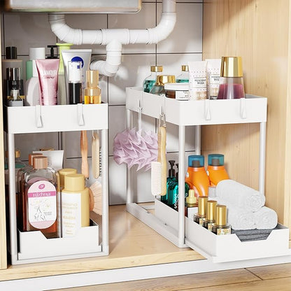 Simple Trending Under Sink Organizer 2 Pack, Sink Pull-Out Sliding Storage Cabinet, 2-Tier Under Shelf Organizer for Kitchen Bathroom, White by SimpleTrending