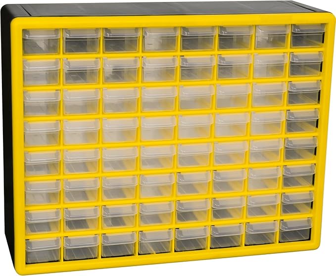 Akro-Mils 64-Drawer Plastic Drawer Storage Cabinet for Garage Organization, Bead Organizer, Building Bricks Storage, Teacher Toolbox, Makeup Organizer, 20" W x 6" D x 16" H, 10164 Yellow by Akro-Mils
