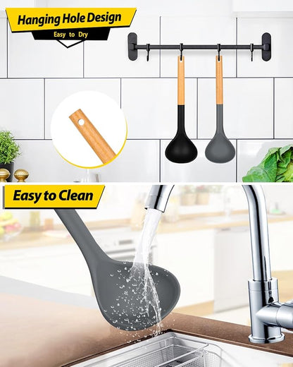 Pack of 2 Soup Ladle, Silicone Ladle Spoon with Wooden Handle, Large Non Stick High Heat Resistant Kitchen Utensils for Cooking, Stirring, Serving Soups(BLACK-GRAY)
