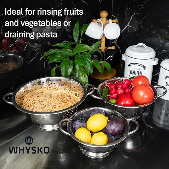 Whysko 3 Pack Stainless Steel Colanders with Handles - 5 Qt, 3 Qt, 1 Qt - Durable Colander for Kitchen Strainers and Colanders Set - Ideal Metal Colander for Pasta, Vegetables, Food Prep - Image 5
