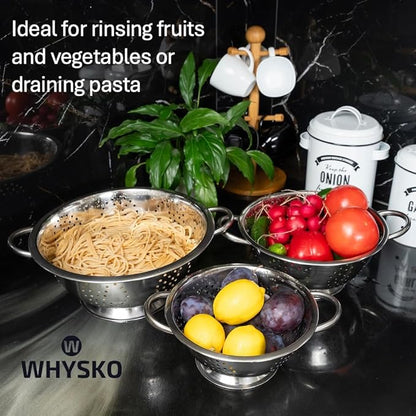 Whysko 3 Pack Stainless Steel Colanders with Handles - 5 Qt, 3 Qt, 1 Qt - Durable Colander for Kitchen Strainers and Colanders Set - Ideal Metal Colander for Pasta, Vegetables, Food Prep - Image 5